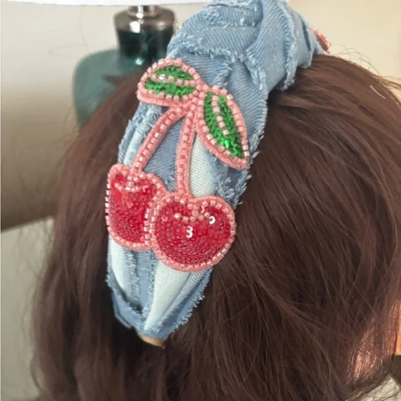 Beaded Distressed Light Denim Headband with Cherry Design - Picture 2 of 4